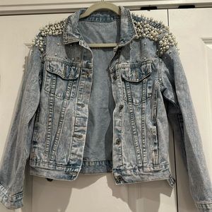 Kedera Women's Embroidered Rivet Pearl Short Denim Jacket Coat